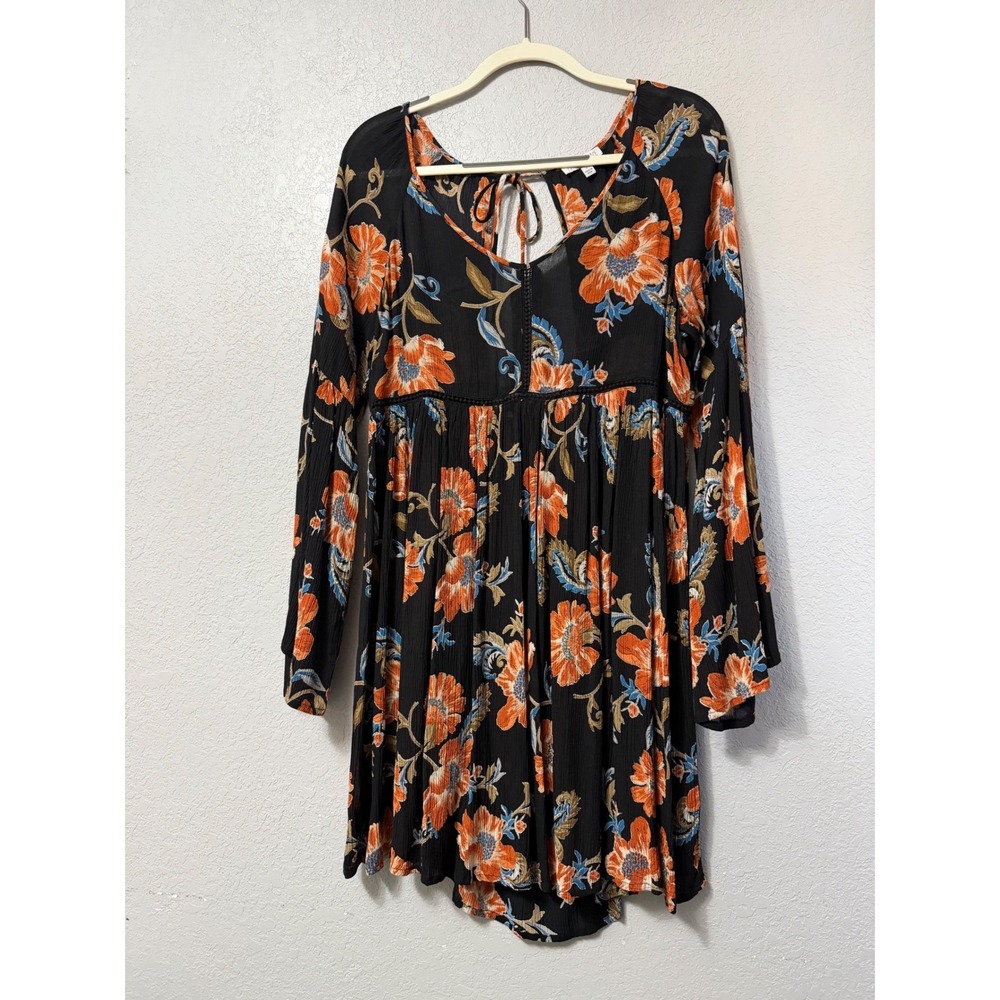 Patrons of Peace Women L Floral Bell Sleeve Mini Dress Black Orange Babydoll